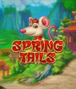 A whimsical illustration of a mouse dressed in traditional Chinese attire standing in a picturesque landscape with mountains. The image represents the Spring Tails game by Betsoft, showcased with prominent red and gold logo text.