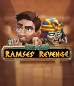 Explore the mysterious world of the Ramses' Revenge game by Relax Gaming, featuring a startled explorer and a terrifying mummy set against an Egyptian tomb backdrop. This image portrays the excitement of tomb exploration, ideal for adventure seekers, offering a gripping adventure. 